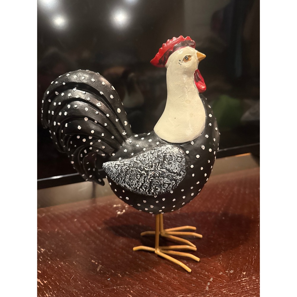 Black White Polka Dot Rooster Figurine Farmhouse Decor Metal Legs Chicken Statue